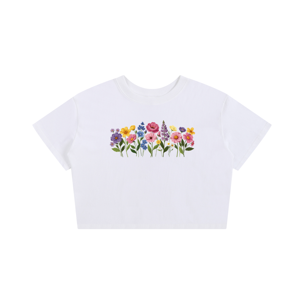 White Floral "Baby Tee" Women's Seamless, Cropped T-Shirt
