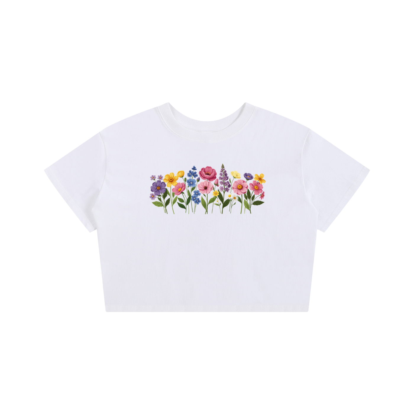White Floral "Baby Tee" Women's Seamless, Cropped T-Shirt
