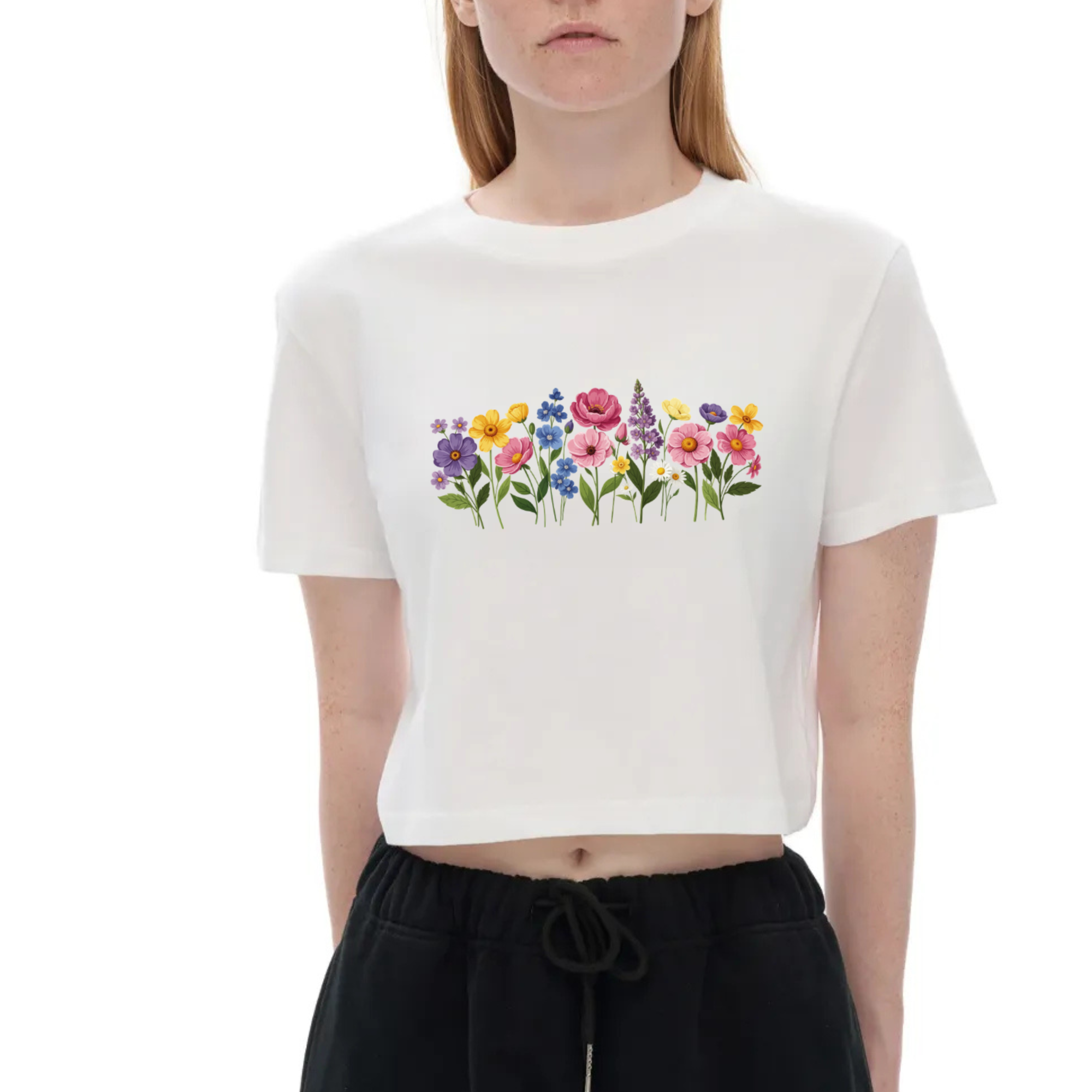 White Floral "Baby Tee" Women's Seamless, Cropped T-Shirt